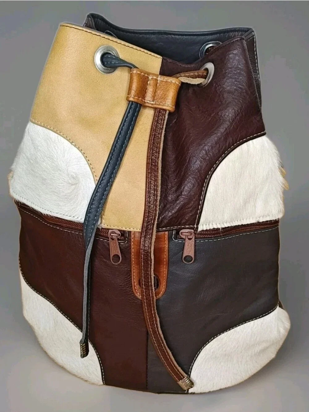 Vintage Boho Hippie Patchwork Backpack Genuine Leather Bucket Bag Purse Academia